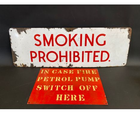 A Smoking Prohibited rectangular garage forecourt enamel sign, 36 x 12", plus a garage sign indicating the location of the pe