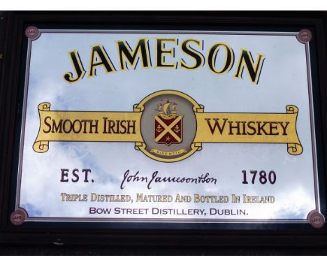 A large older reproduction advertising pub mirror for Jameson Smooth Irish Whiskey, Bow Street Distillery Dublin, 43 3/4 x 32