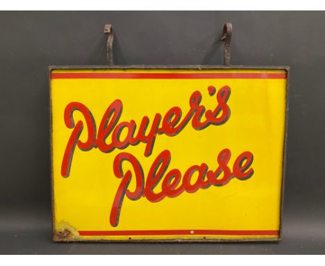 A Player's Please double sided enamel sign in a metal frame with hanging hooks, 24 x 18".