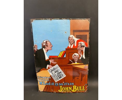 A John Bull pictorial enamel sign depicting a court room scene, 20 x 28".