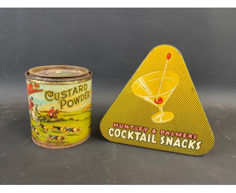 A Quorn Custard Powder tin in good condition and a Huntley &amp; Palmers Cocktail Snacks triangular tin.