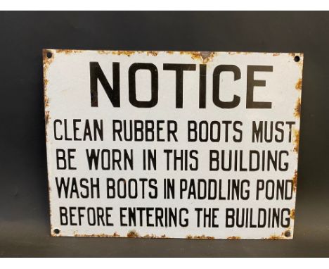A Notice enamel sign 'clean rubber boots must be worn..', 12 x 9".