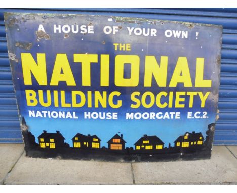 A National Building Society pictorial enamel sign depicting a row of houses at night with windows illuminated, by Patent Enam