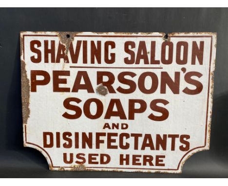 A double sided enamel sign by Bruton of Palmers Green advertising 'Shaving Saloon - Pearson's Soaps and Disinfectants Used He