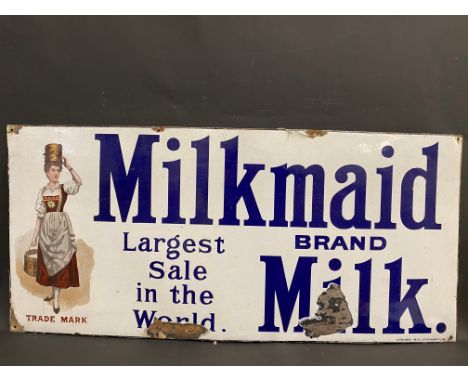 A Milkmaid Brand Milk pictorial enamel sign by Chromo, 48 x 22".