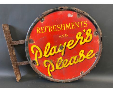 A pair of Player's Please circular enamel signs mounted back to back and on a bracket, 27 x 23" including bracket. 