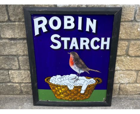 A Robin Starch pictorial 'robin on basket' enamel sign, superb gloss, framed, 30 x 36 1/2".