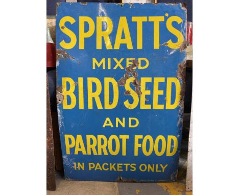 A Spratt's Mixed Bird Seed and Parrot Food enamel sign by Wood &amp; Penfold, 20 x 30".