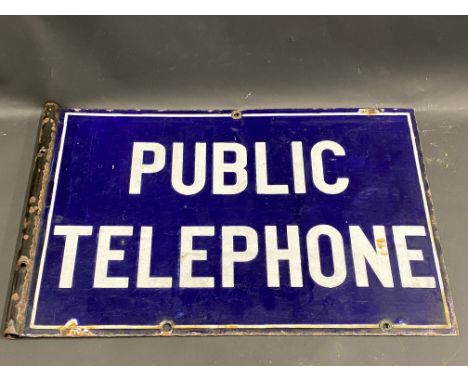 A Public Telephone double sided enamel sign,unusually with pivot tube to one side for a bracket, good condition and gloss, 18