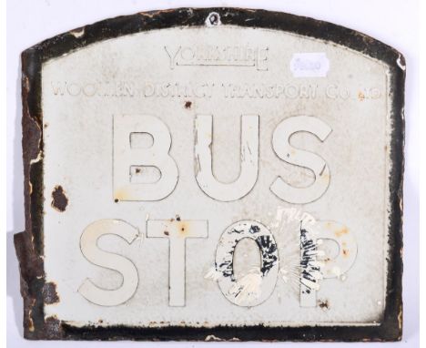 A Double-Sided Enamel Sign: BUS STOP YORKSHIRE WOOLLEN DISTRICT TRANSPORT CO LTD, one drill hole and some corrosion, 27cm by 