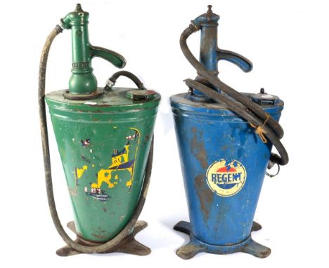 A Vintage Baelz Industrial Oil Pump Dispenser, painted green, with pivoting handle and rubber hose, one side bearing the numb