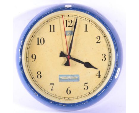 A Vintage BP Aviation Service Wall Clock, by Baume & Co, with blue painted outer metal case and 10'' dial