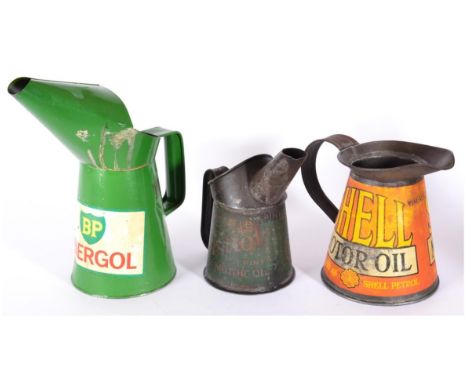 Three Oil Cans, to include: a Shell Motor Oil quart size jug, decorated on both sides Shell Motor Oil as Good as Shell Petrol