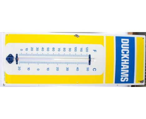 A DUCKHAMS Single-Sided Metal Advertising Sign/Thermometer, with six drill holes, the corner printed Burnham - London, 92cm b