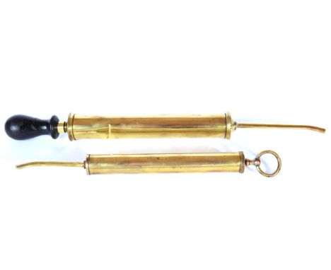 Two Vintage Brass Oil Lubricating Syringes, the larger example with ebonised handle, 41cm long; and A Smaller Example, with p