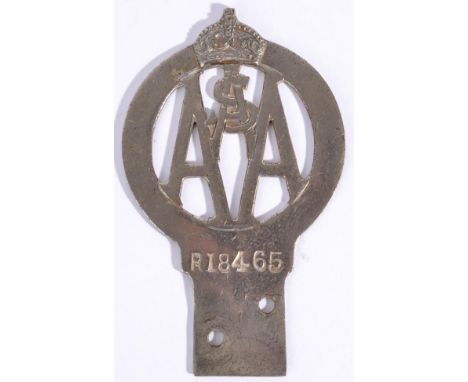 A Rare Nickel Plated on Brass Royal Automobile Association of Southern Australia Car Badge, membership no.R18465, the verso s