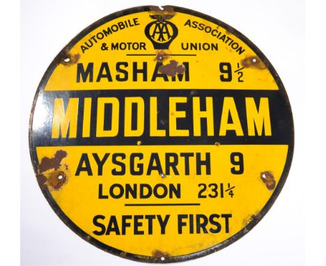 A Single-Sided Enamel Circular AA Sign, Middleham, Masham 9½, Aysgarth 9, London 231¼ Safety First, the base stamped Franco S
