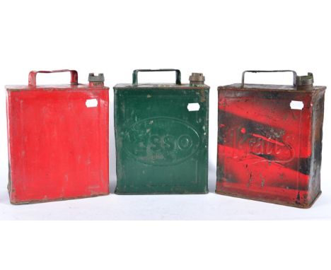 Three Vintage Fuel Cans, comprising a green painted Esso example, a red painted Pratts example and a SM & BP example, all wit
