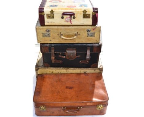 Five Assorted Vintage Leather Travel Cases, comprising a yellow studded example stamped Whatajoy, 75cm wide, a yellow pigskin
