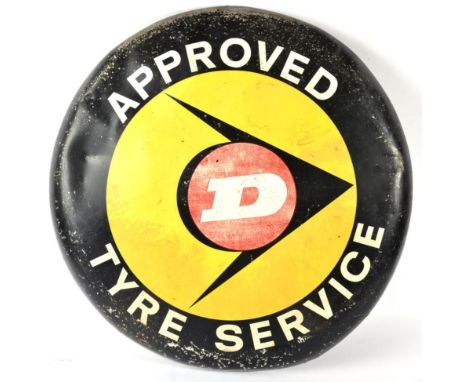A Vintage DUNLOP Single-Sided Circular Metal Advertising Sign, the Dunlop arrow on a yellow ground, Approved Tyre Service in 