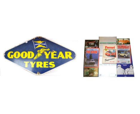 A Goodyear Single-Sided Enamel Advertising Sign, Goodyear Tyres, with four drill holes and some corrosion, 48cm by 91cm
