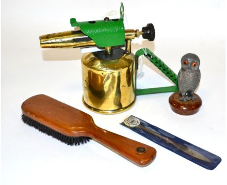 A Small Barn Owl Accessory Mascot with Featured Eyes, display base mounted, for the vintage light car; A Polished Brass Pre-W