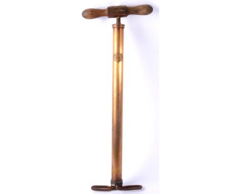 An Early 20th Century Brass Dunlop No.2 Tyre Pump, with turned oak handle and pivoting metal feet, 60cm high