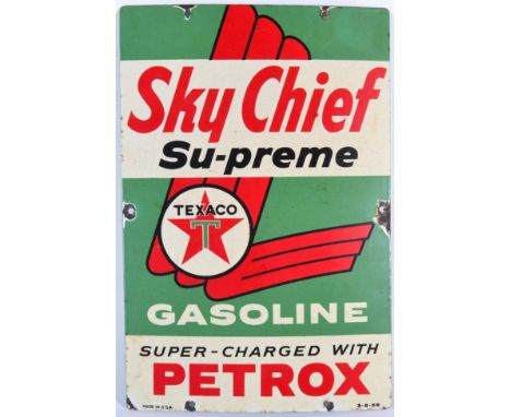 A Rare American Single-Sided Enamel Advertising Sign: SKY CHIEF SU-PREME TEXACO GASOLINE SUPER-CHARGED WITH PETROX, stamped M