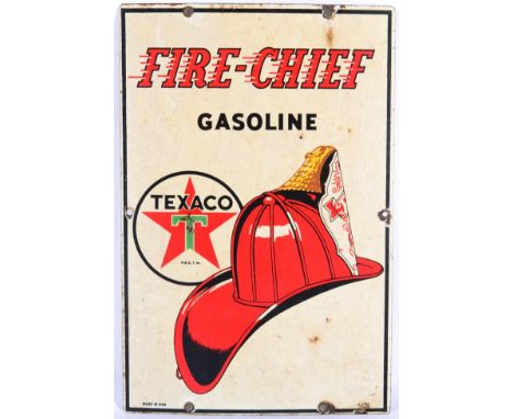 An American Single-Sided Enamel Advertising Sign: FIRE-CHIEF GASOLINE TEXACO REG.T.M., the corners stamped Made in USA and nu