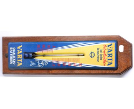 A Vintage German VARTA Advertising Sign/Thermometer, mounted on a brown oak plaque, 61cm by 18cm 