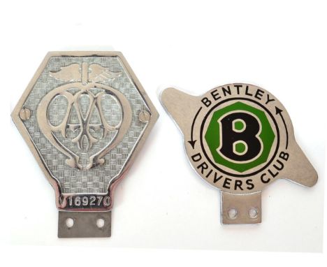 A Chrome AA Badge, numbered V169270, 10cm high excluding mounting bracket; A Polished Chrome Bentley Drivers' Club Badge; and