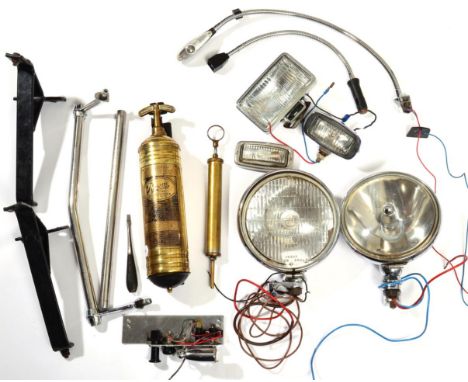 A Box of Auto Jumble, to include an Edwardian brass Pyrene fire extinguisher with mounted bracket, a brass grease gun, two Lu