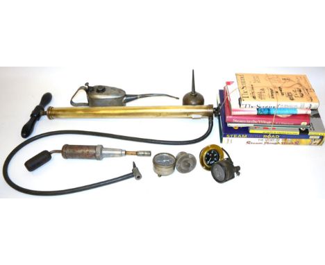 A Collection of Car Auto Jumble, to include a vintage brass Dunlop tyre foot pump with ebonised wooden handle, rubber hose an