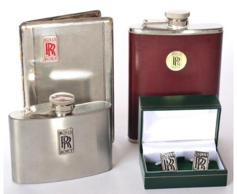 Rolls-Royce Interest: A Pair of Plated Rolls-Royce Cufflinks, with black lettering, in presentation case; A Brown Leather 6oz