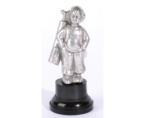 A Vintage Polished Aluminium Sporting Accessory Mascot, modelled as a caddy boy, circa 1920/30s, on a later plastic base, 9cm