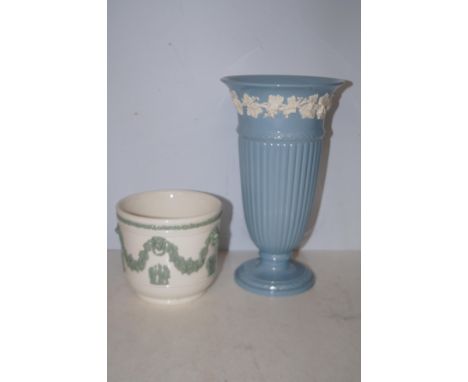 Wedgwood queens ware vase together with a Wedgwood queens ware planter Height of vase 27 cm