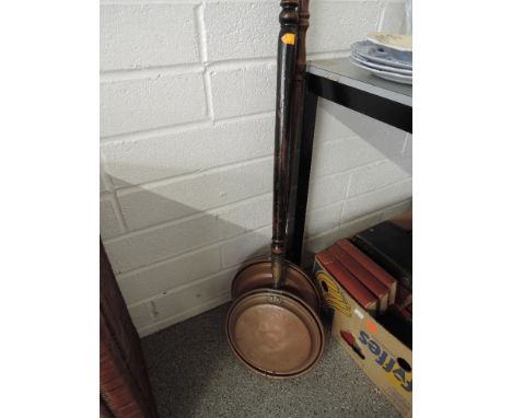 Two genuine vintage copper pan bed warmers with turned wood handles