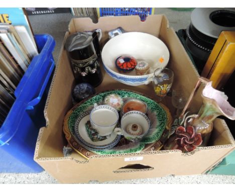 A box containing various ceramics including Royal Albert trinket box, glass paperweight etc