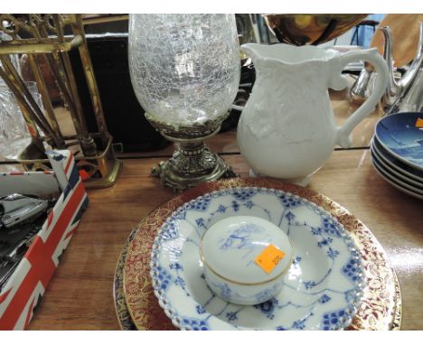 A selection of glass and ceramic cabinet plates, jug and storm lamp including Minton etc