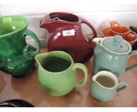 A selection of ceramic jugs including Denby and a carnival glass jug and bowl