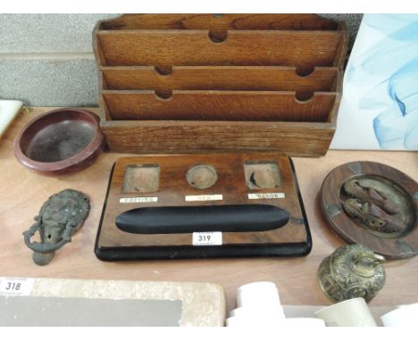 A treen letter rack, a desk stand, turned bowl, brass lion head door knocker etc