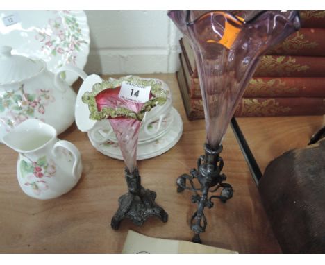 Two vintage early 20th century spelter and coloured glass apern 