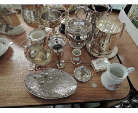 A selection of plated ware including tankards, trophies and HM ring tree A/F