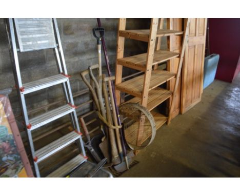 A quantity of various garden tools and sieve 