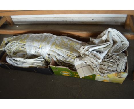 Two boxes of curtains and tie backs 