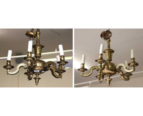 A Pair of Brass Five Light Chandelier