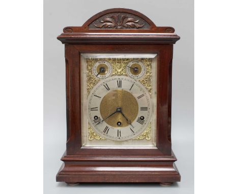 A Mahogany Chiming Mantel Clock, early 20th century, silvered dial, with Roman numerals, two subsidiary dials for fast/slow a