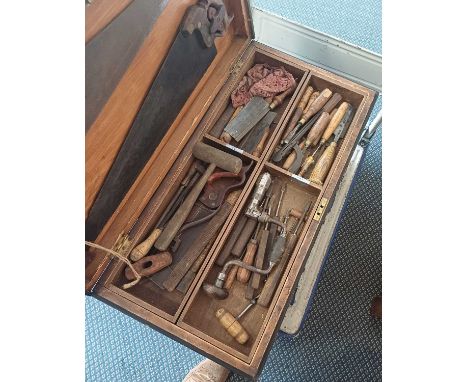 A 19th Century Painted Pine Tool Chest, fitted with internal trays and containing a quantity of comtemporary hand tools, main