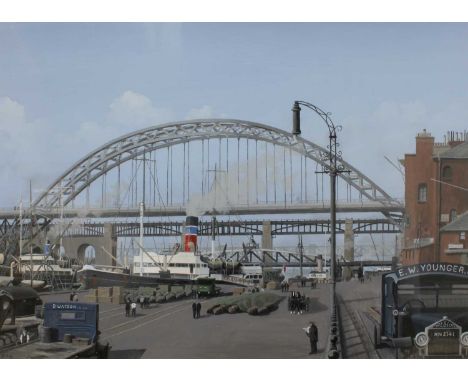 K* R* (20th Century)The Tyne Bridge, Newcastle, From the QuaysideIndistinctively signed, oil on canvas board?, 49cm by 69cm