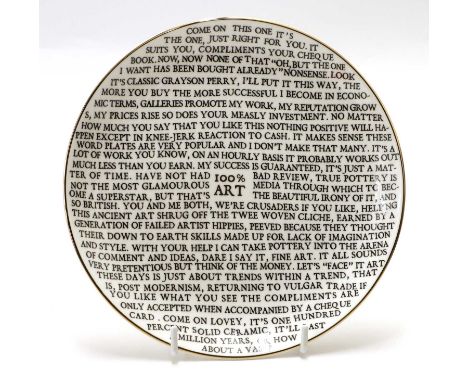 Sir Grayson Perry CBE, RA, Hon FRIBA (b.1960)"100% ART PLATE"China plate, with artist's seal printed to base, produced for Yo